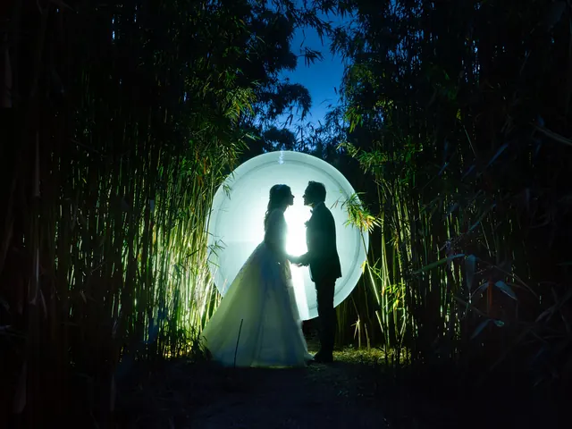 Light painting de mariage : les mariés dans un cercle de lumière au milieu des bambous – Frédéric Leroux, photographe de mariage à Reims