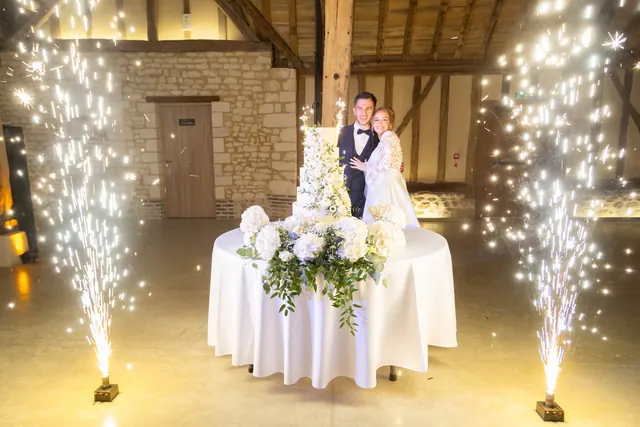 Gâteau de mariage et fontaines d'étincelles – Frédéric Leroux, photographe de mariage à Reims